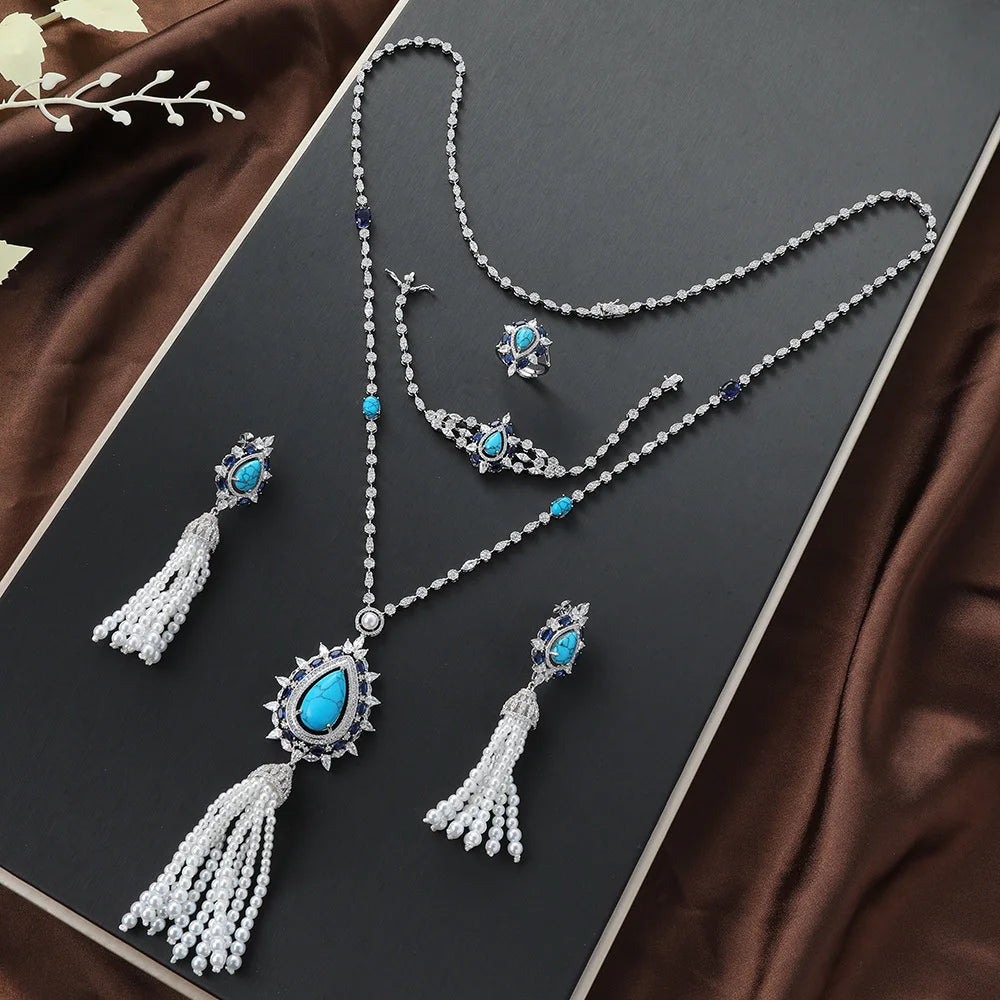 2024 Latest Fashion Long Necklace Design Dubai Saudi Arabia Jewelry Set Bridal Women Blue Turquoise Pearl Jewelry Sets