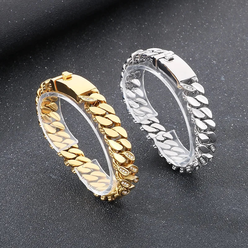 KALEN Vintage Fine Jewelry Fashion Bracelets Men Stainless Steel Rhinestones Cuban Links Bracelet Bangle