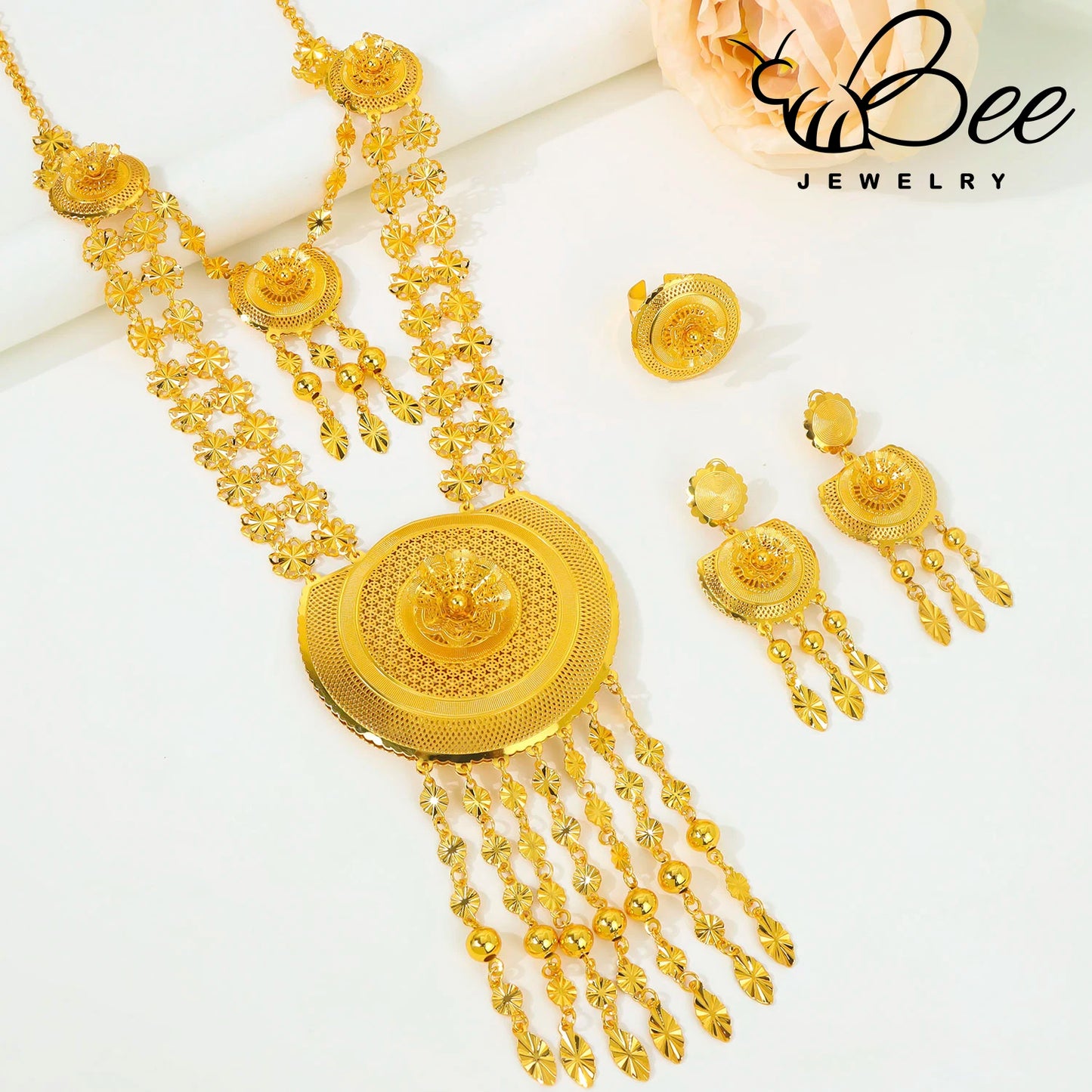 Luxury Traditional Indian 24k Gold Bridal Wedding Jewelry Set Gold Alloy Beads Long Necklace Earrings Jewelry For Evening Party