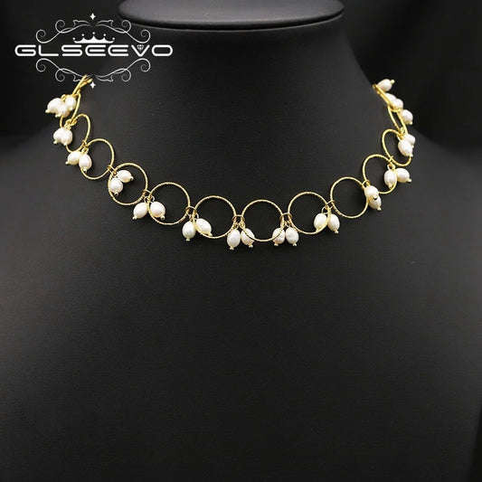 Natural Freshwater Pearl Round Necklace Hand Gold Plated Fashion Exquisite Cute Girls Ladies Necklace Jewelry