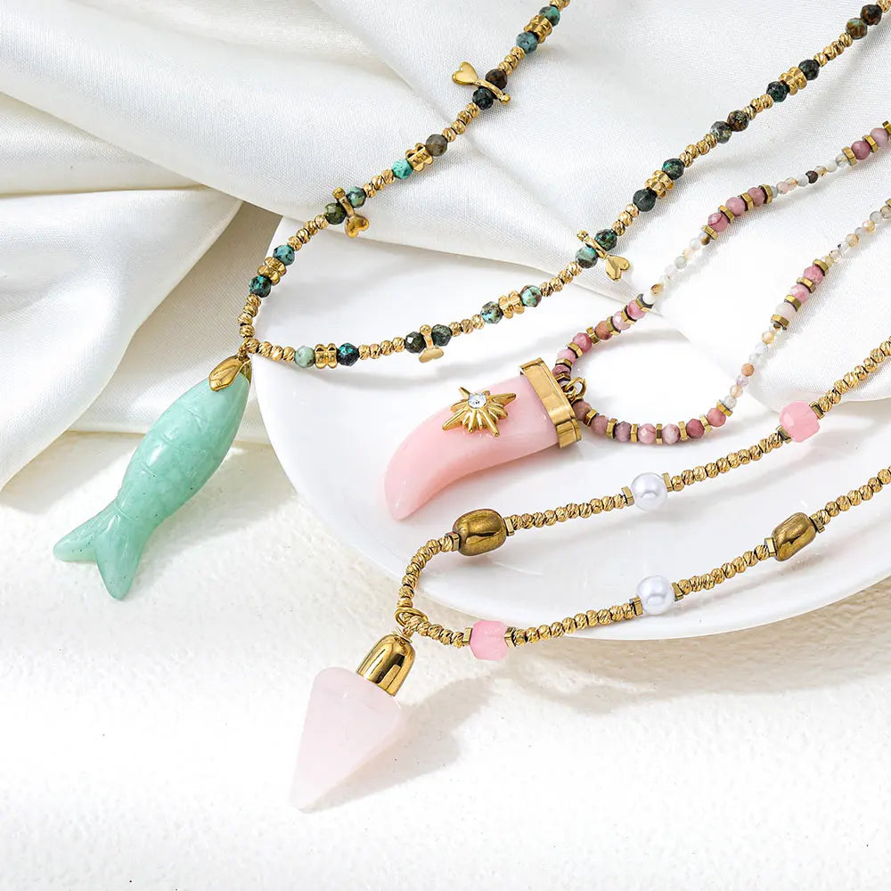 Joolim PVD Plated Wholesale Waterproof Boho Healing Conical Fish Pendant Natural Stone Beaded Necklace Stainless Steel Jewelry