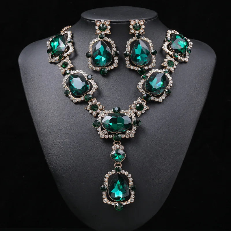 Crystal & Rhinestone Statement Necklace & Earrings Jewellery Set | Bold Retro Glam Fashion Set