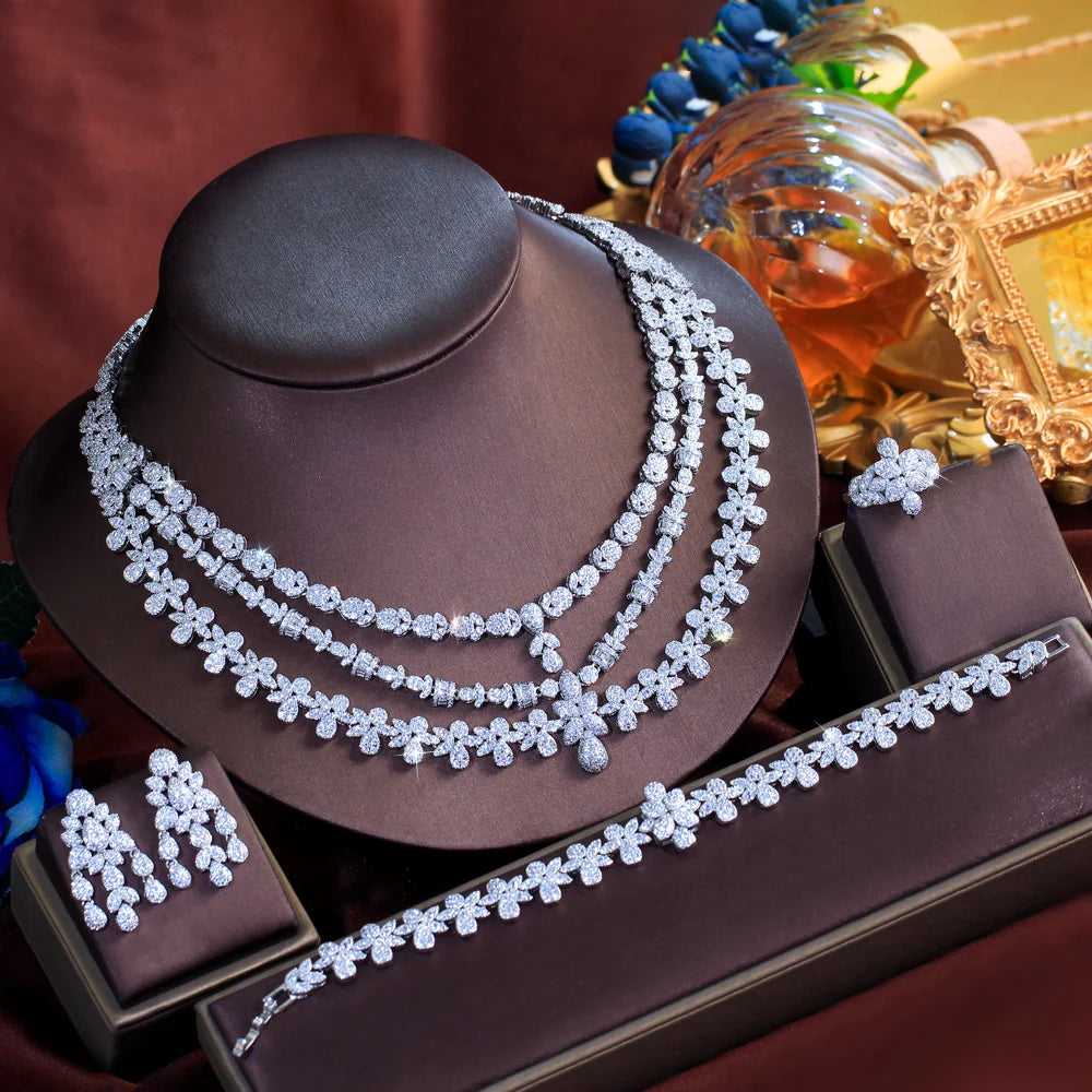 4pcs Luxury Multi Layered Triple 3 Layers Flower Necklace Earrings Tassel Middle East Bridal Wedding Big Jewelry Set for Women