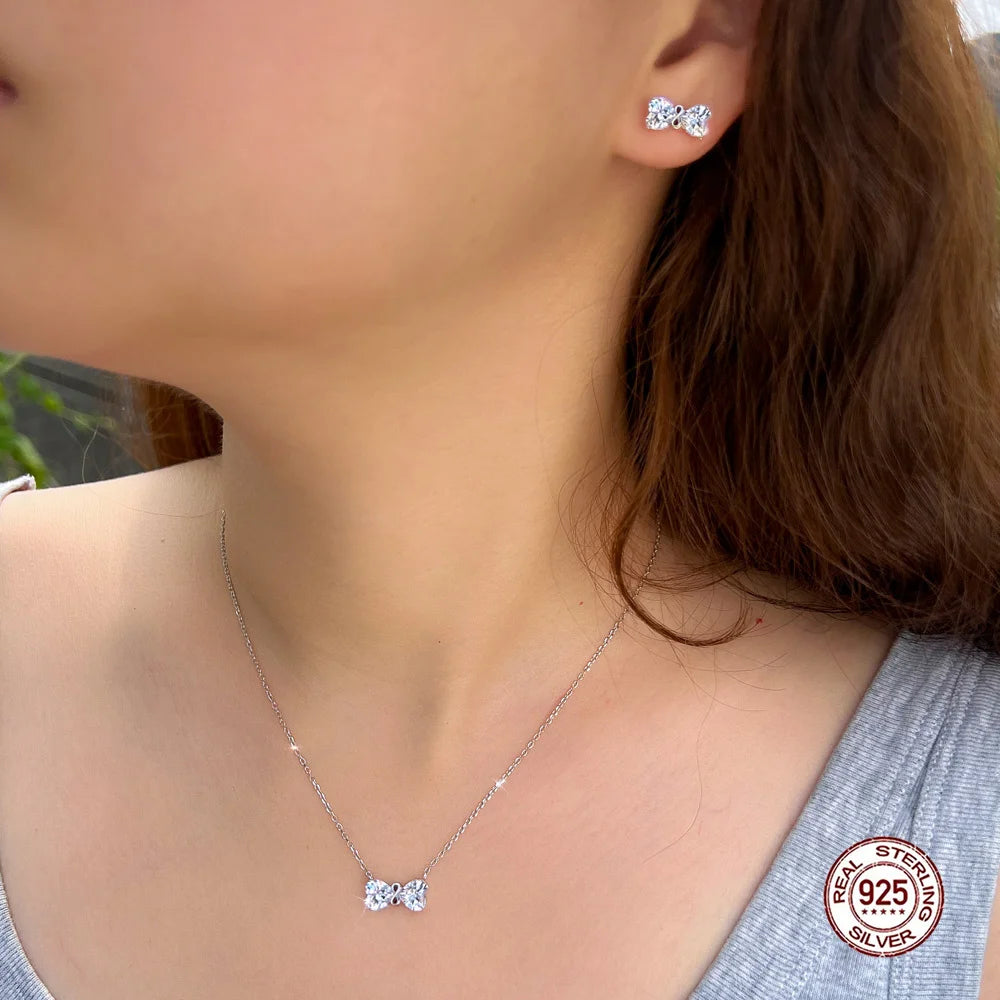 Fine Jewelry 925 Sterling Silver Shiny White Heart CZ Cubic Zirconia Bowknot Shape Jewelry Set for Women Girls Daily Wear Gifts