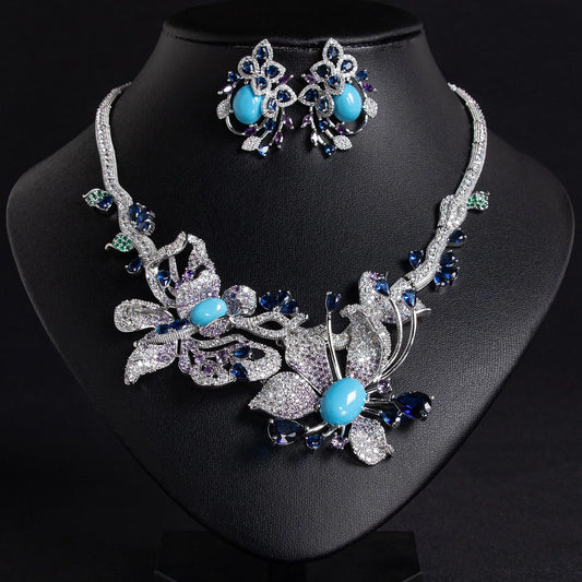 Dubai Jewelry Set for Women African Luxury Butterfly Flower Shiny Cubic Zirconia Necklace Earring 2pcs Jewelry Sets