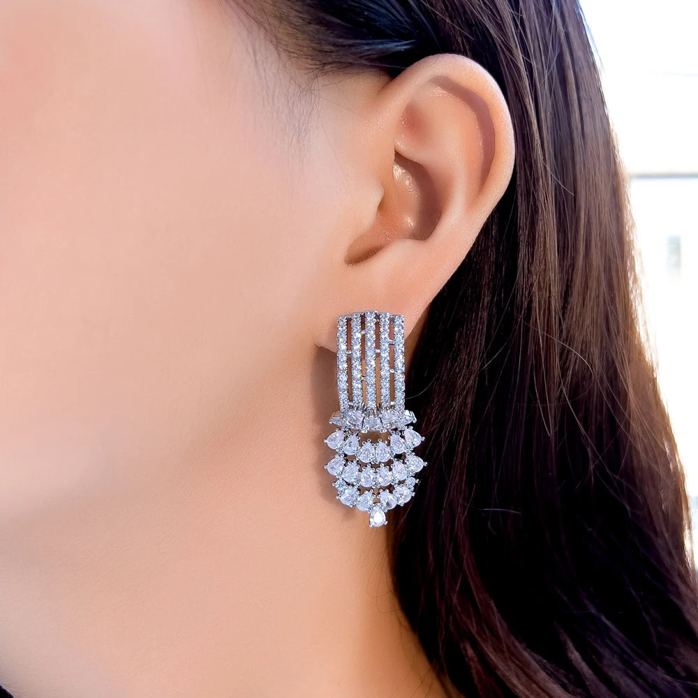 S&S CZ Floral Long Dangle Drop Earrings – AAA Pear Cut – Rhodium Plated – Collection