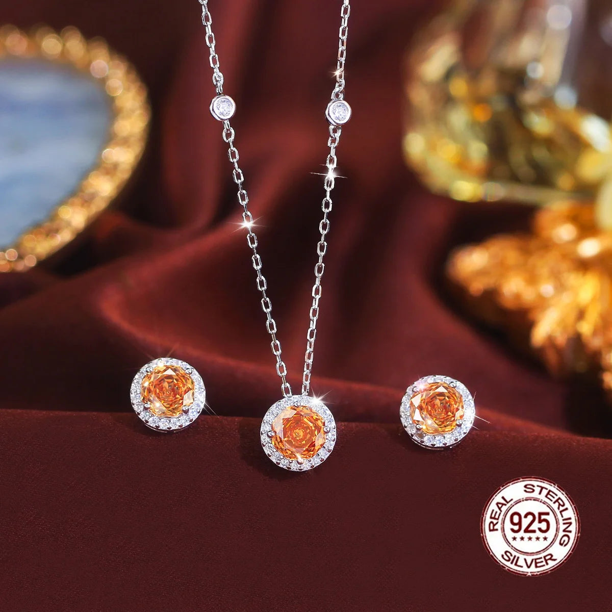 Luxurious S925 Silver Champagne Rose Flower Cut Cubic Zircon Round Design Necklace and Earring Jewelry Set for Girls Party Gifts