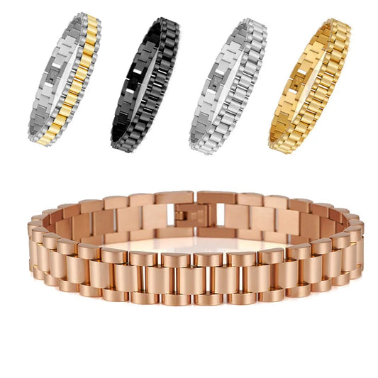 10mm Men Bracelet 18k Gold Plated Stainless Steel Strap Fine Jewelry Bracelets & Bangles