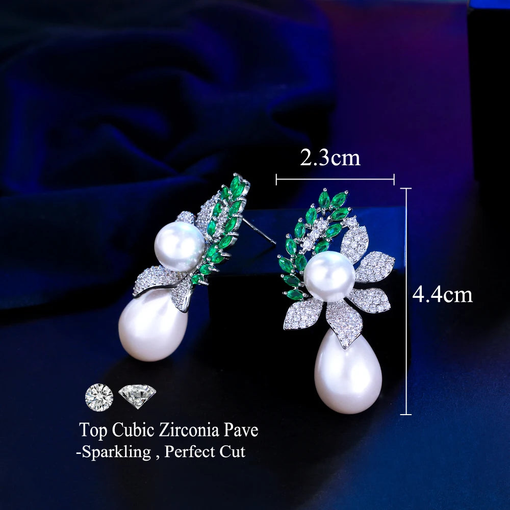S&S Green CZ Leaf & Pearl Dangle Drop Earrings – Marquise Cut – Rhodium Plated – Collection