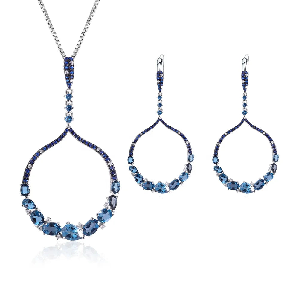 ArtistA Abiding OEM ODM Luxury Design Natural London Blue Topaz Silver 925 Rhodium Plated Big Dangling Round Pendant Earrings Set