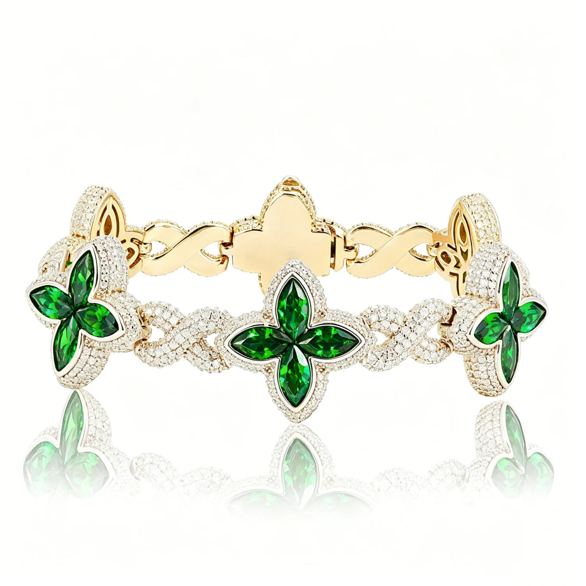 S&S Iced Out Hip Hop Jewelry 21mm Diamond Flower Chain Gold Plated Four Leaf Clover Bracelet CZ Fashion Gift for Anniversary Party
