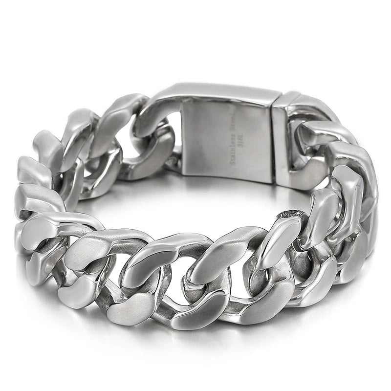 VIKING Mens Hip-Hop Cuban Link Casting Bracelet – Silver Stainless Steel