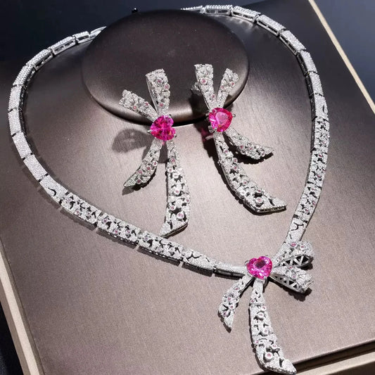 Bella Viva Luxury Pink Heart Bow Necklace & Earring Set, Platinum Plated Brass & Cubic Zirconia, for Bridal & Gift & Party