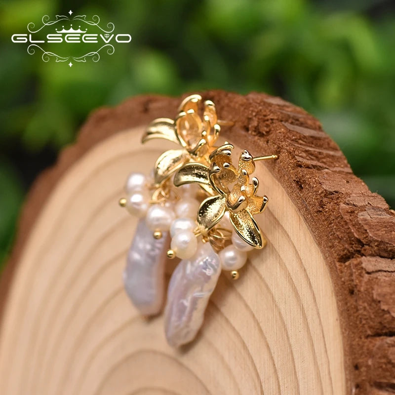 Flower Shape Charm Drop Earrings for Women Natural Freshwater Baroque Pearl Christmas Earrings Luxury Jewelry  Earrings Bulk