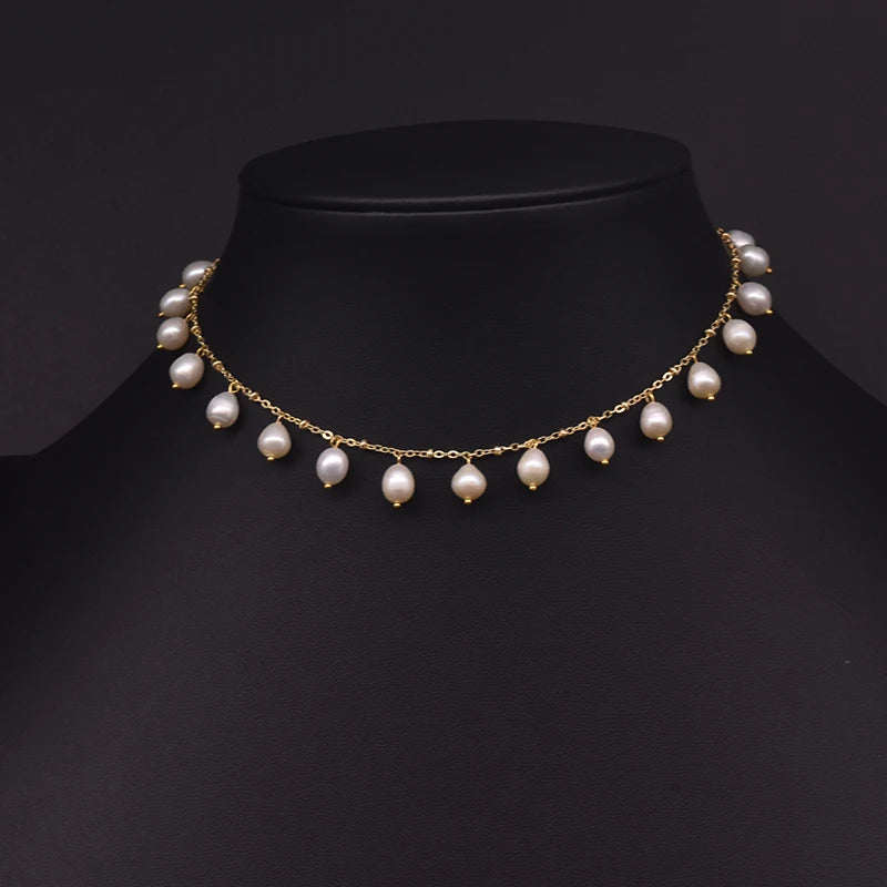Natural Freshwater Pearl Choker Necklace Gold Plated Tassel Necklace for Women Bridal Wedding Luxury Fashion Fine Jewelry