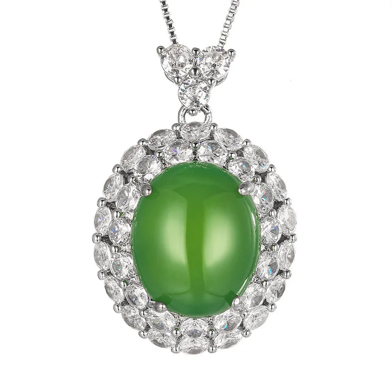 REDheart Fashion Copper Inlaid Zircon Rhodium & Gold Plated Green Chalcedony Light Luxury Anniversary Necklace Set