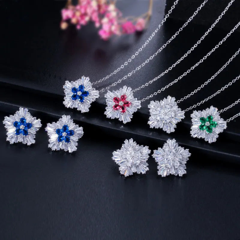 S&S CZ Snow Flower Pendant Necklace & Stud Earrings Set – White Gold – 4 Colours – Collection