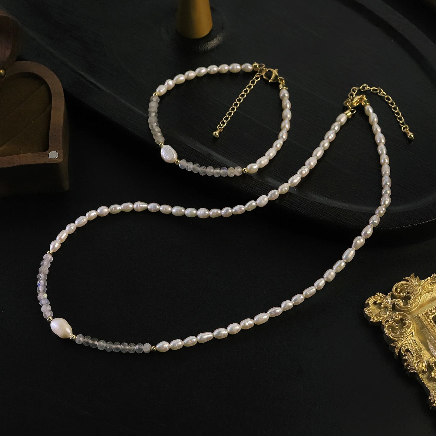GLSEEVO Natural Freshwater Pearl & Moonstone Necklace & Bracelet Set — Minimalist Bridal Jewellery