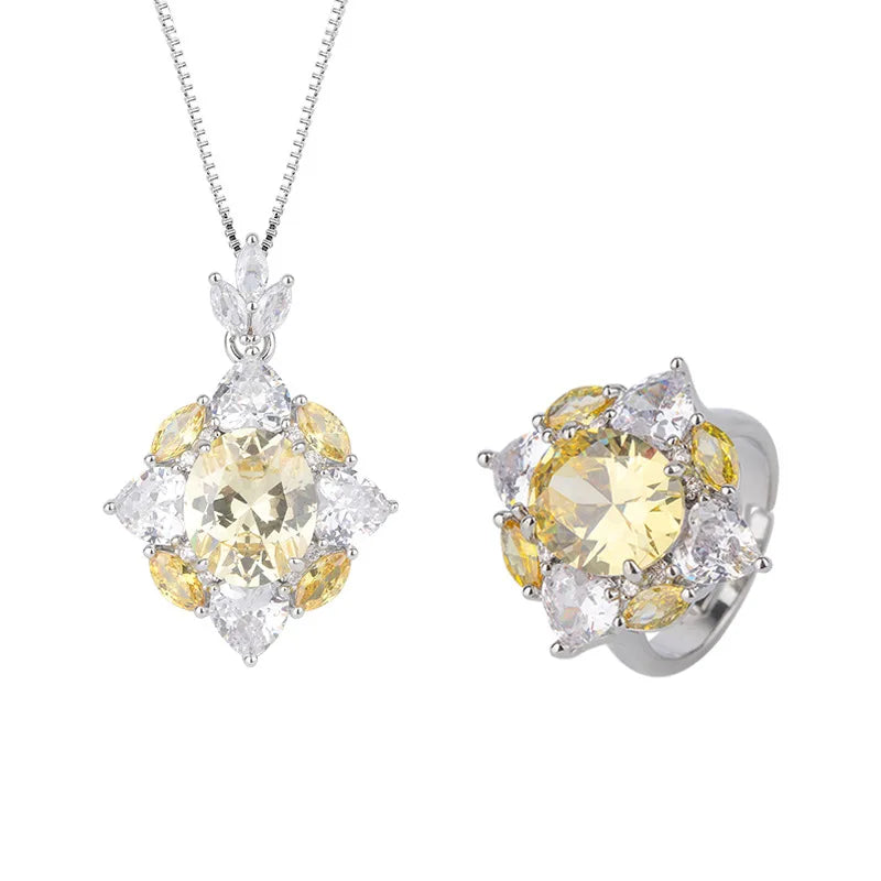 Gemfiori New Style Inlaid Yellow Zircon Pendant Fashionable and High-quality Living Ring Set Birthday Gift
