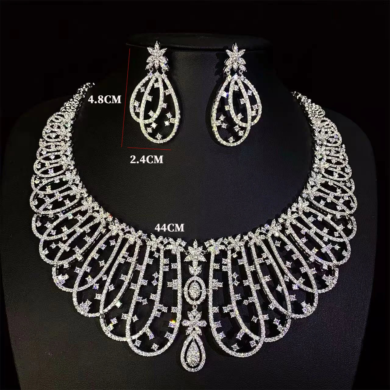 XM S32 Luxury Full Zircon Collar Necklace Earrings Set Silver Plated Women Bridal Wedding Gift Party Prom Statement Jewelry