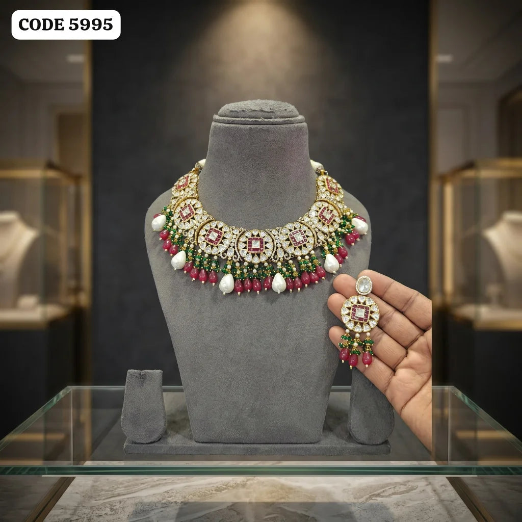 Luxury Ruby Pearl Bridal Choker Necklace Set Gold Plated Wedding Party Traditional Jewelry with Matching Earrings Set For Women