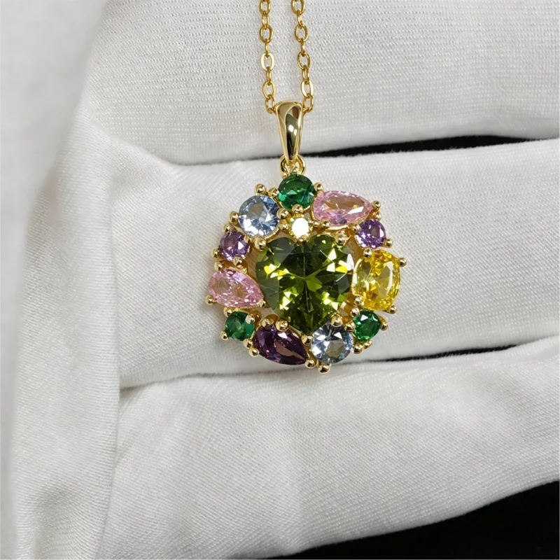 Gemfiori 925 Silver Multi Gemstone Pendant Necklace Emerald Citrine Amethyst Pink Sapphire Aquamarine Tourmaline Fine Jewelry for Women