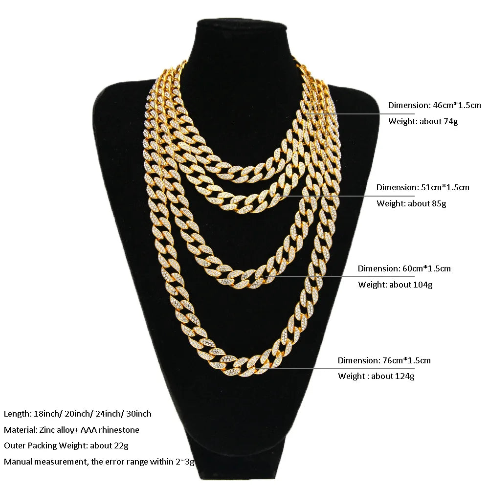 Classic Hip Hop Style 15mm Alloy Cuban Link Chain Set Geometric Rhinestone Crystal Rhodium Plated Trendy Beads for Anniversary