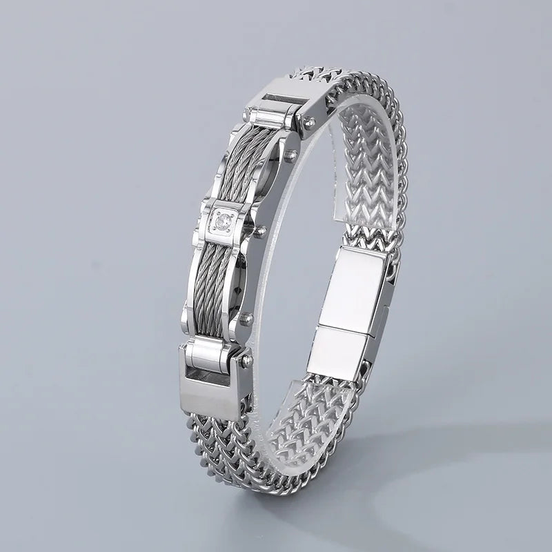 REBEL Unisex Trendy Jewelry Fashion Bracelets Stainless Steel Rhinestone Herringbone Bracelet Bangle
