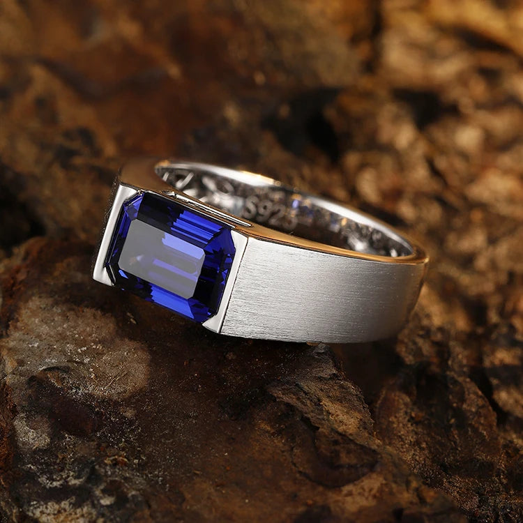 Gemfiori 925 Sterling Silver Man Ring 3.51ct Lab Grown Blue Sapphire Stone Emerald Cut Mens Ring