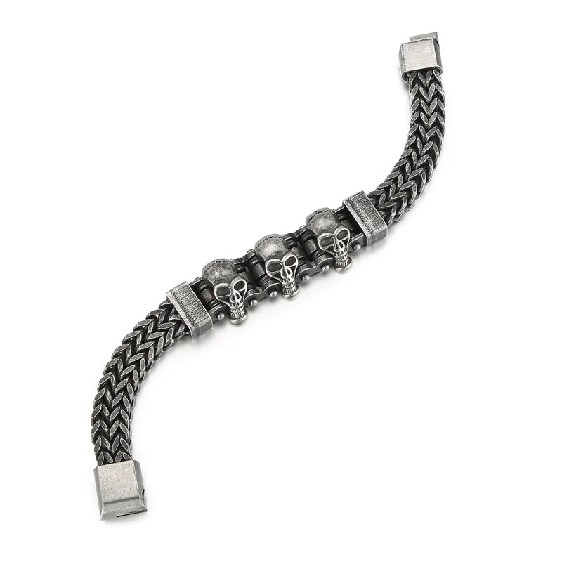 KALEN 220mm Punk Triple Skull Charms Stainless Steel Herringbone Chain Bracelets for Men