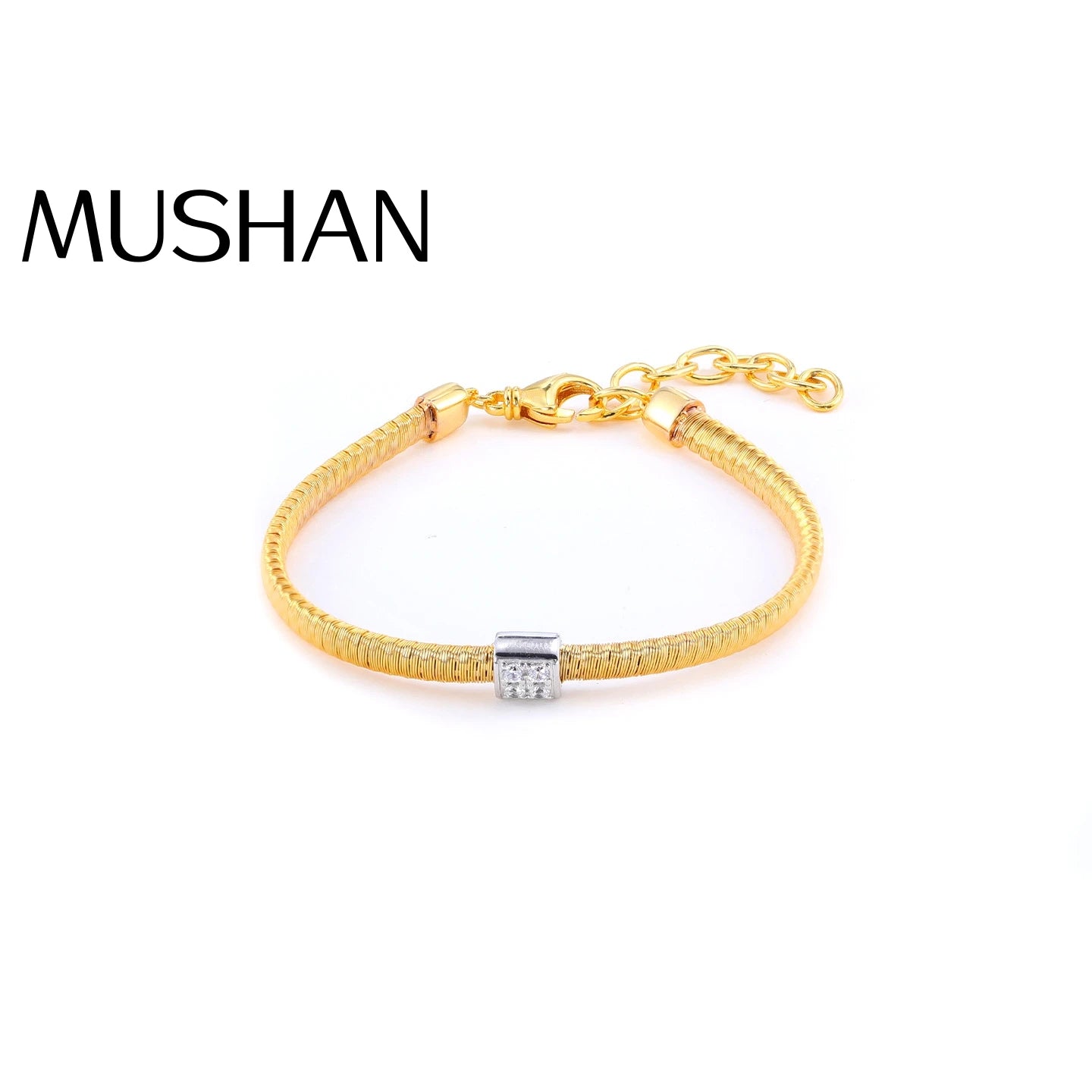 MuShan Jewelry Factory S925 Sterling Silver Gold String Chain Bracelet for Women, square Bezel Set with High Carbon Diamonds