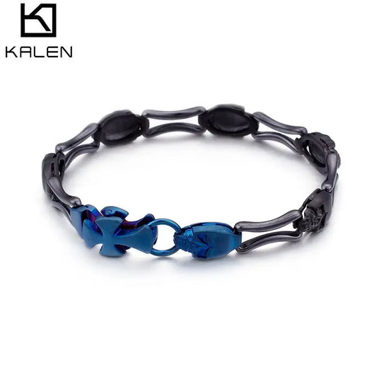 KALEN Punk 20cm Stainless Steel Black Blue Plated Skeleton Charm Bracelets for Men