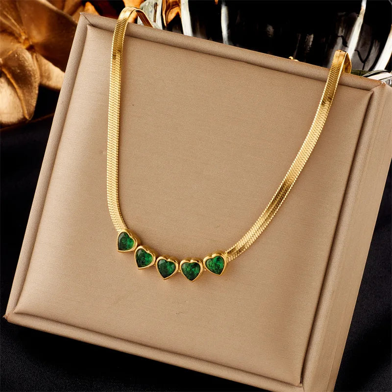 Gold Green Crystal Heart Necklace & Bracelet Jewellery Set | Coordinated Luxury Fashion Set