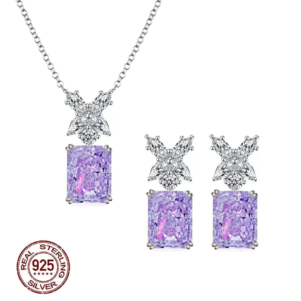 Sparkling High-carbon Crushed Ice Cut Cubic Zirconia S925 Sterling Silver Purple Jewelry Set for Women Wedding Party Jewelry