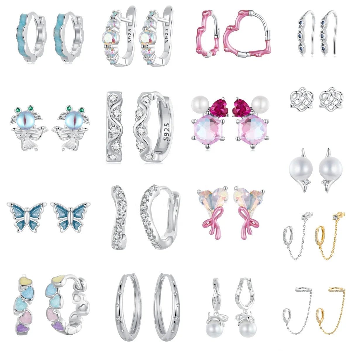 S&S 925 Silver Zircon Charm Earrings – Heart, Star, Butterfly & More – Platinum Plated – Collection