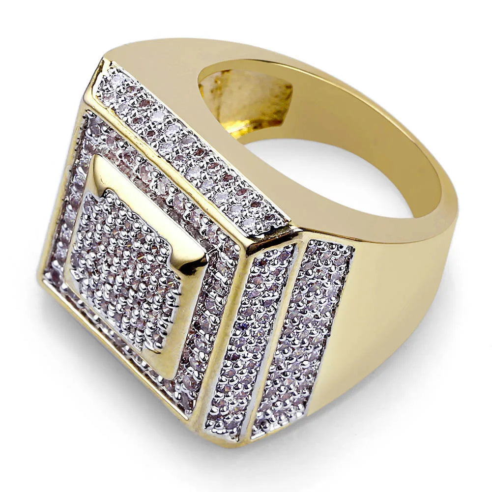 Gemfiori Fashionable Plated with 18K Gold Hip Hop Iced Out Bling Ring Micro-set Zirconium Stone CZ Personality Rings for Men