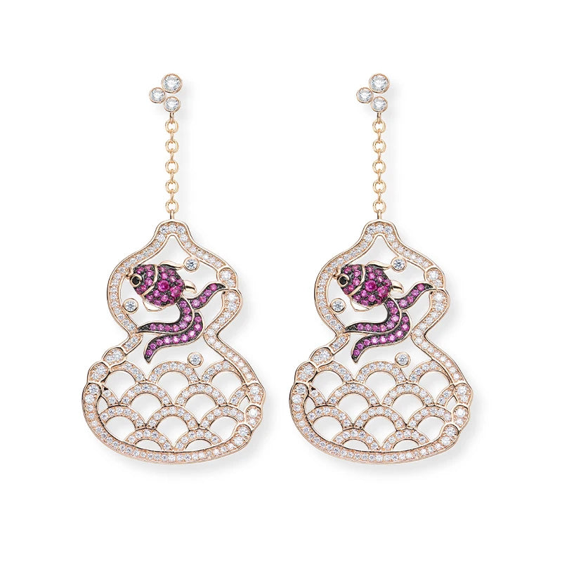 Brass Hollow Small Goldfish Gourd Long Necklace Earrings Two-piece Set Cubic Zirconia Women's Anniversary Gift