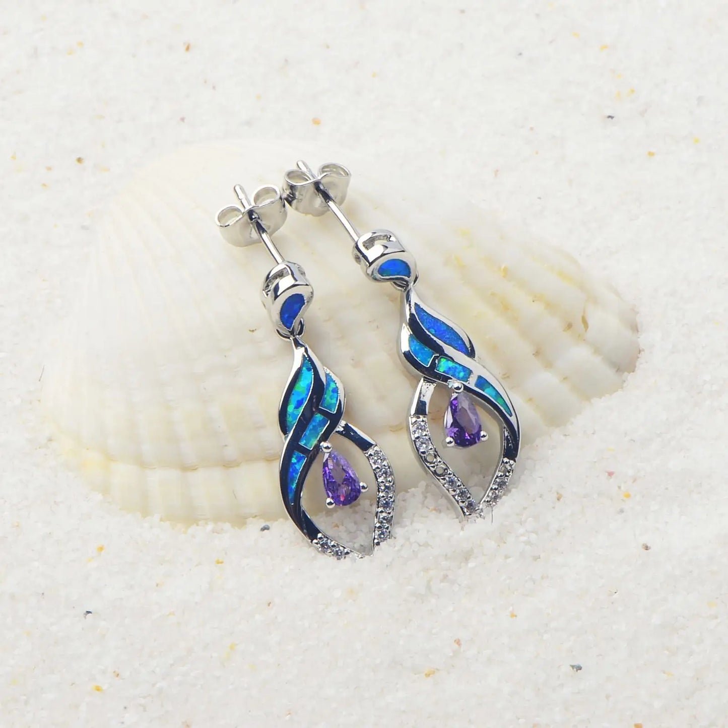 Twisted Opal & Amethyst Drop Earrings - Blue Fire Opal & Purple Crystal Inlaid Design | Glam Evening Jewelry Bulk Gifts