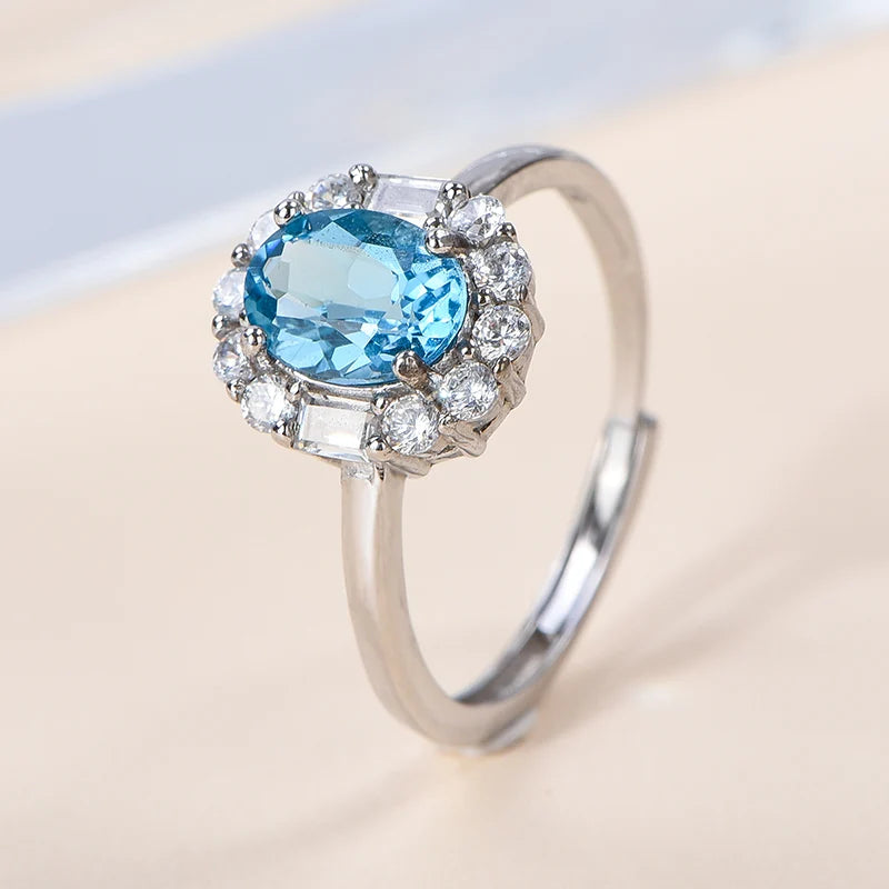 Gioiellieri Adjustable Opening 925 Sterling Silver Luxury Rhodium Plated Oval Cut Natural Topaz Gemstone Rings Prong Setting Certified