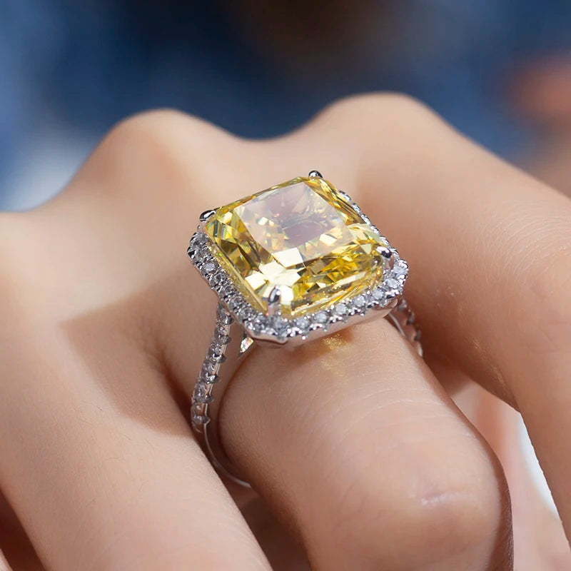 Messi Jewelry MSR-960 High Carbon Cubic Zircon Yellow Diamond Ring Jewelry S925 Radiant Cut Eternity  Engagement Wedding Ring