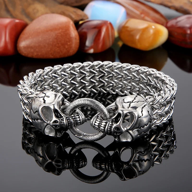 KALEN 235mm Punk Mens Stainless Steel Skull Herringbone Chain Link Bracelets