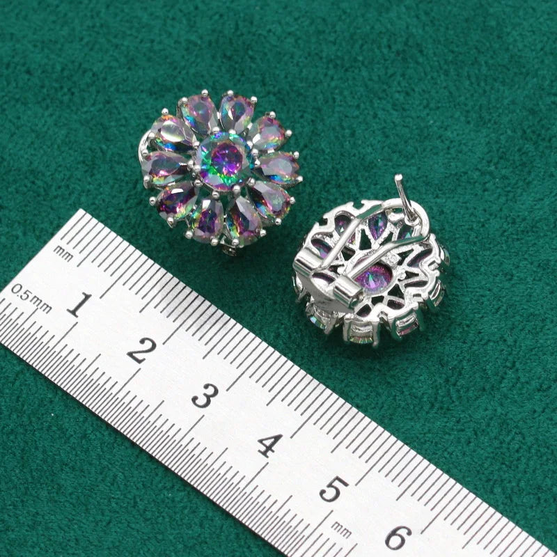 XOTICA Dubai Jewelry Set for Women Rainbow Zirconia Silver Color for Wedding Party Engagement; Includes Bracelet Hoop Earrings Ring