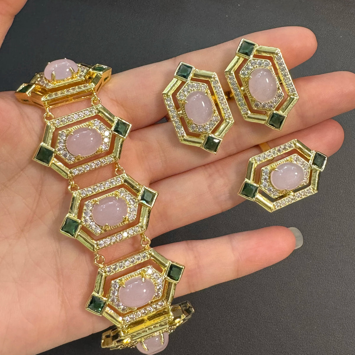 XOTICA TIANSHE 2026 New Style Luxury Vintage Art Deco Pink Jewelry 3Pcs Set Bracelet Earrings & Ring for Women