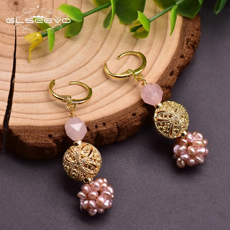 GLSEEVO Fresh Water Pink Baroque Pearl Dangle Flower Earrings for Women Girls Daughter Cute Jewellery for Birthday Party GE0961B