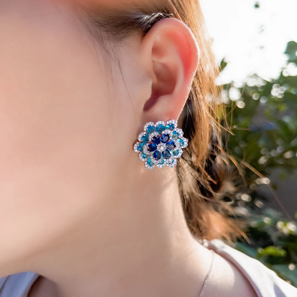 S&S Blue CZ 3D Flower Full Pavé Stud Earrings – Rhodium & 18K Gold Plated – Collection