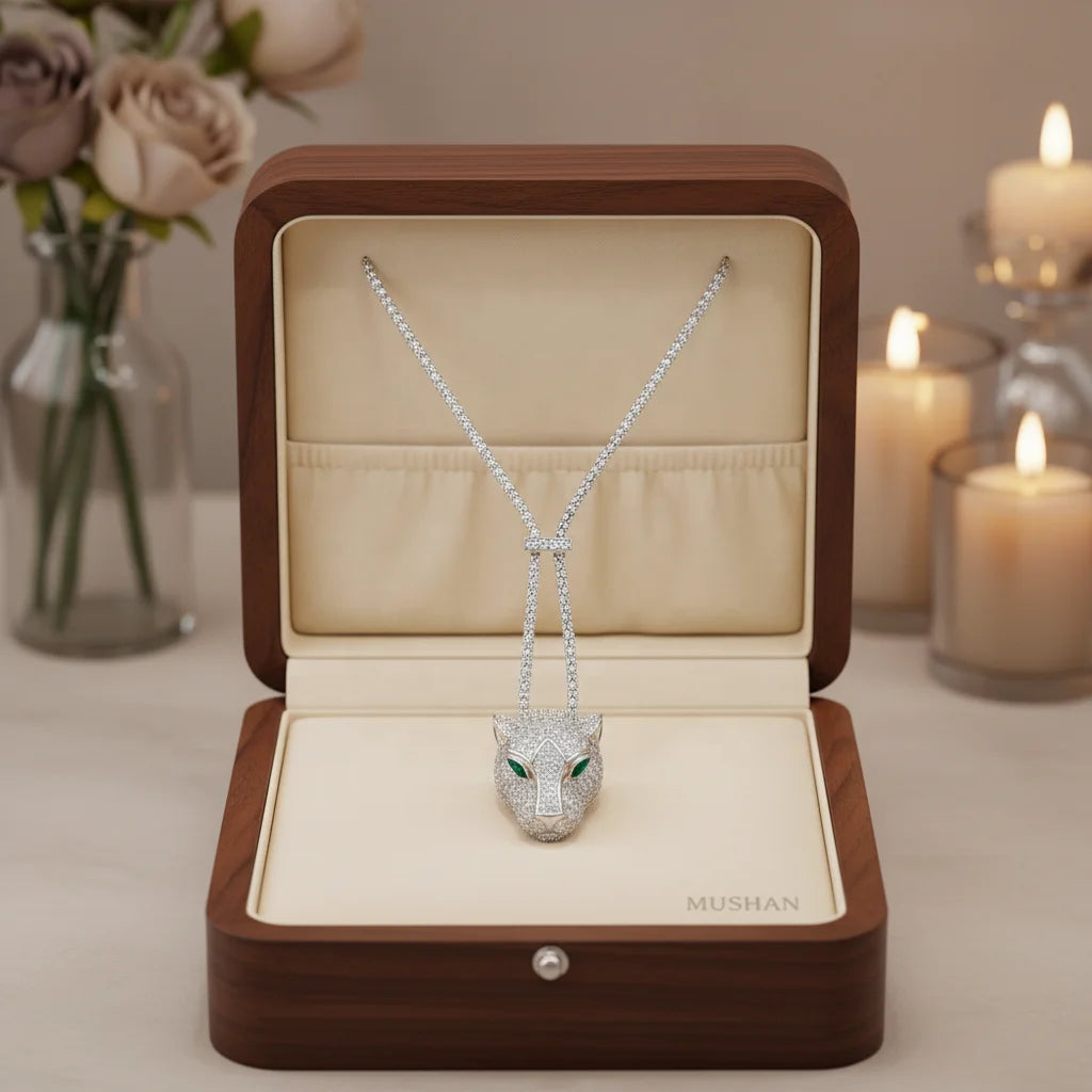 MUSHAN Jewelry Factory 925 Sterling Silver Pendant Necklaces HCD Synthetic Emerald Stones Leopard Head Necklace Pendants Jewelry