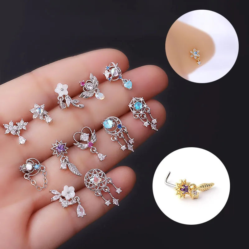 S&S 20G CZ Flower & Heart Nose Ring | Stainless Steel Piercing Jewellery