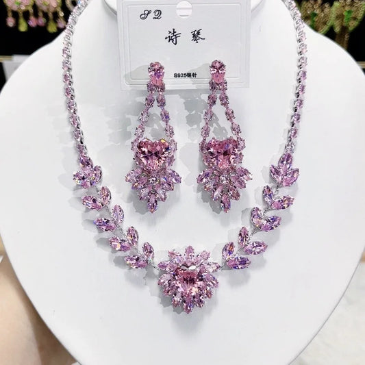 K085 High End Women Exquisite Luxurious Pink Heart Zircon Bridal Necklace Earrings Set Wedding Elegant Jewelry Set