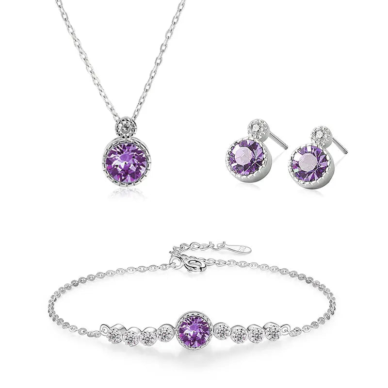 Fine Jewelry 925 Sterling Silver Marine Heart Jewelry Set Light Luxury Colorful Diamond Necklace Earring Bracelet 3 Piece Set