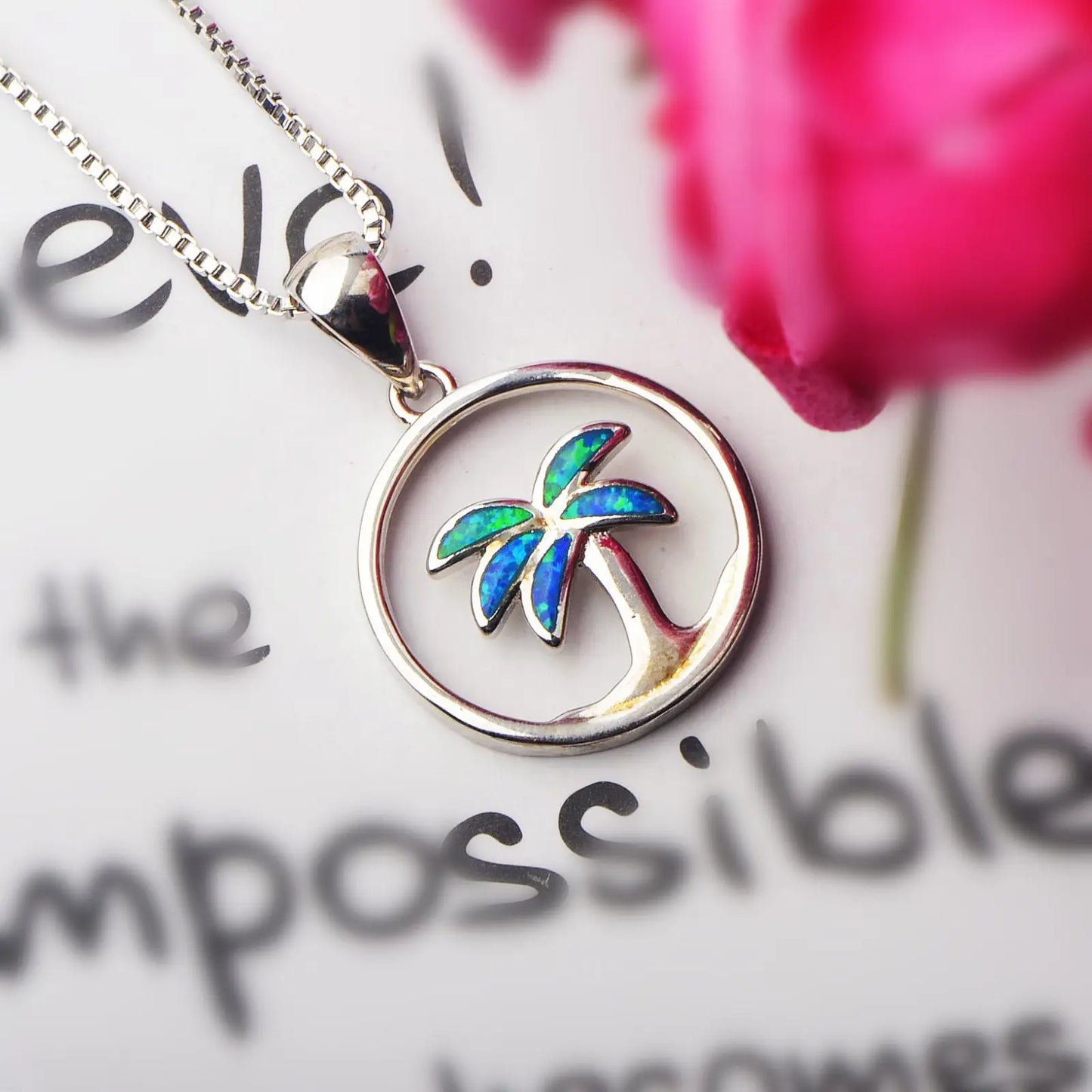 Blue Opal Inlaid Copper Silver Plated Christian Box Chain Plant Jewelry for Women Wholesale